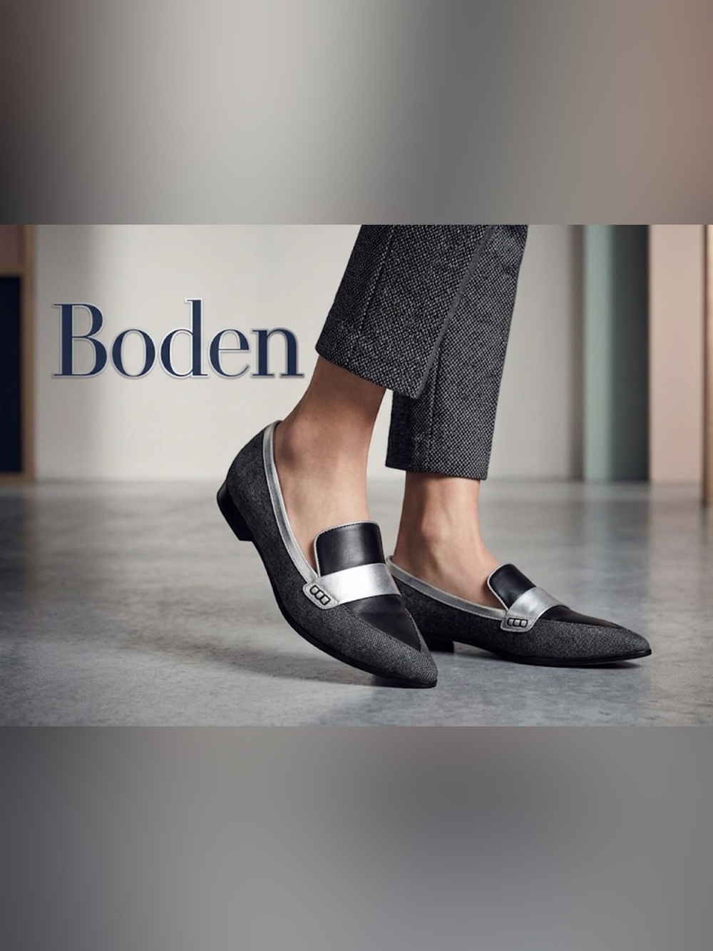 Authentic Boden designer black leather & grey canvas loafers sz 10.5 Euro 42
